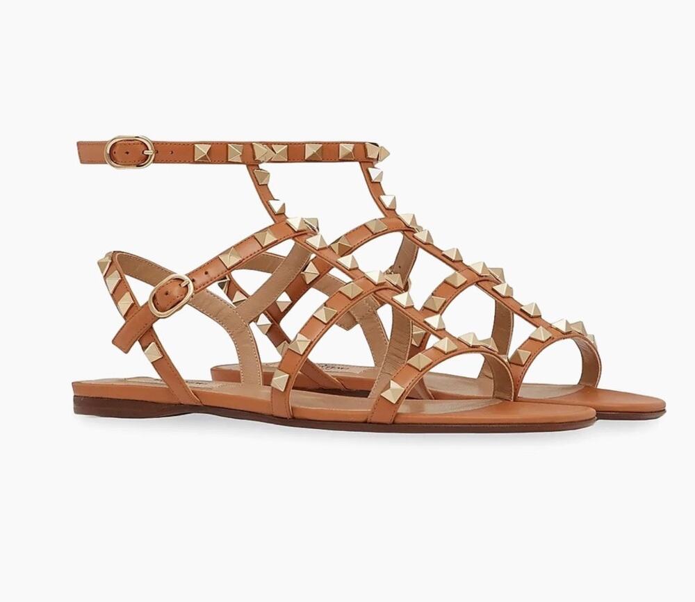 Valentino Garavani Rockstud Caged Leather Slide Sandal Almond Beige 36.5